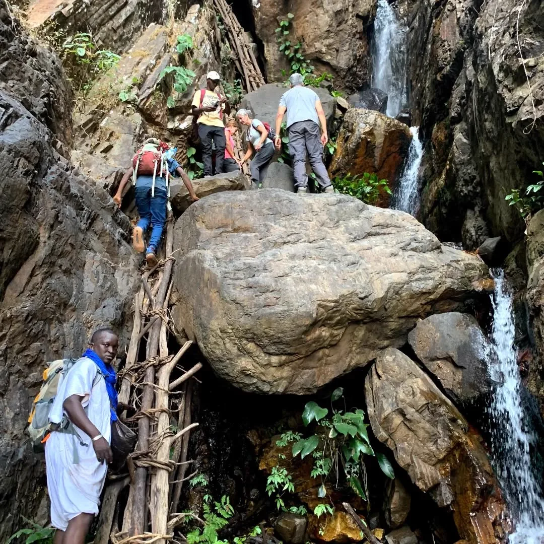 Hikers climbing a wooden ladder beside a waterfall in a Guinea canyon